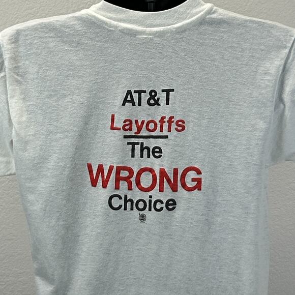 Vintage AT&T Layoffs T Shirt Mens S Small White 80s Ron Allen CWA ATT Telephone - Picture 6 of 10
